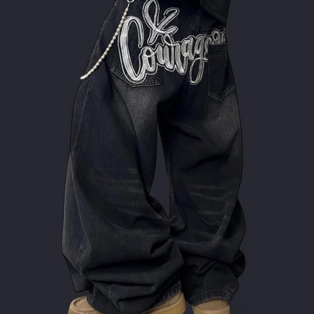 Black Baggy Jeans with Embroidered Design